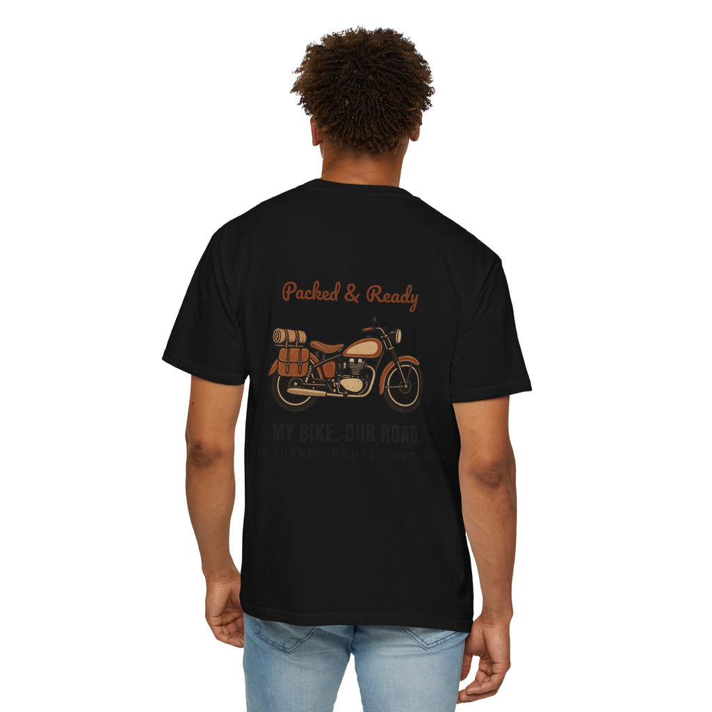 Motorcycle T-Shirt — "Packed & Ready" Vintage Bike Tee (My Bike. Our Road.)