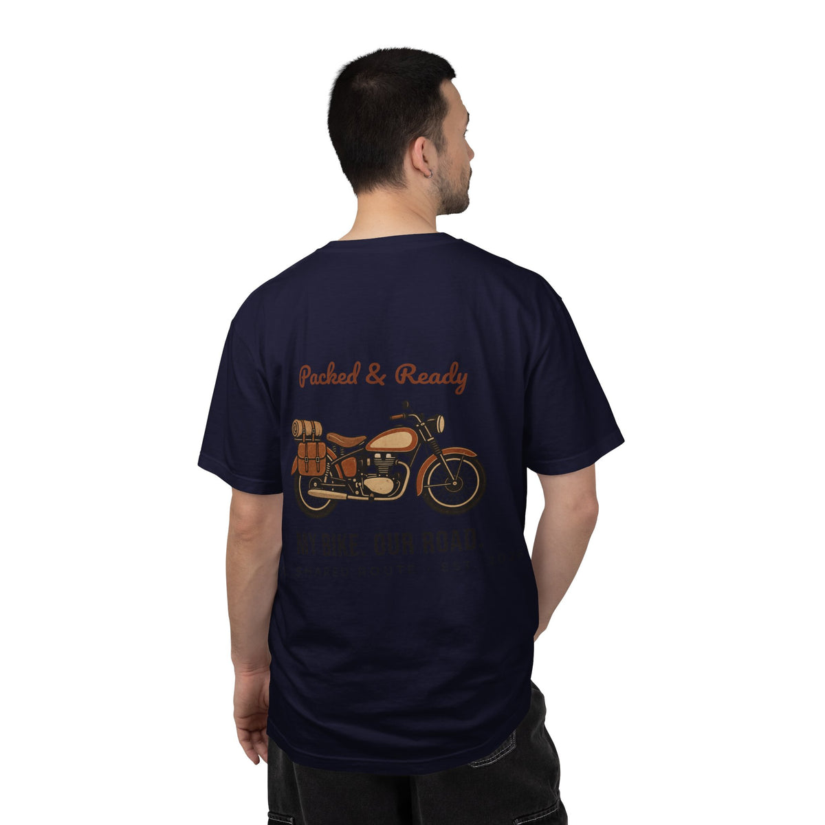 Motorcycle T-Shirt — "Packed & Ready" Vintage Bike Tee (My Bike. Our Road.)
