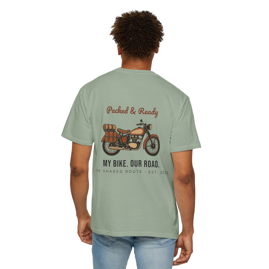 Motorcycle T-Shirt — "Packed & Ready" Vintage Bike Tee (My Bike. Our Road.)