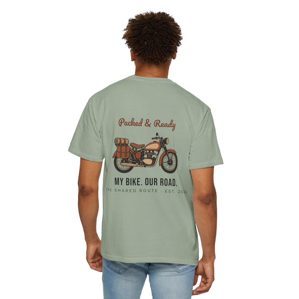Motorcycle T-Shirt — "Packed & Ready" Vintage Bike Tee (My Bike. Our Road.)