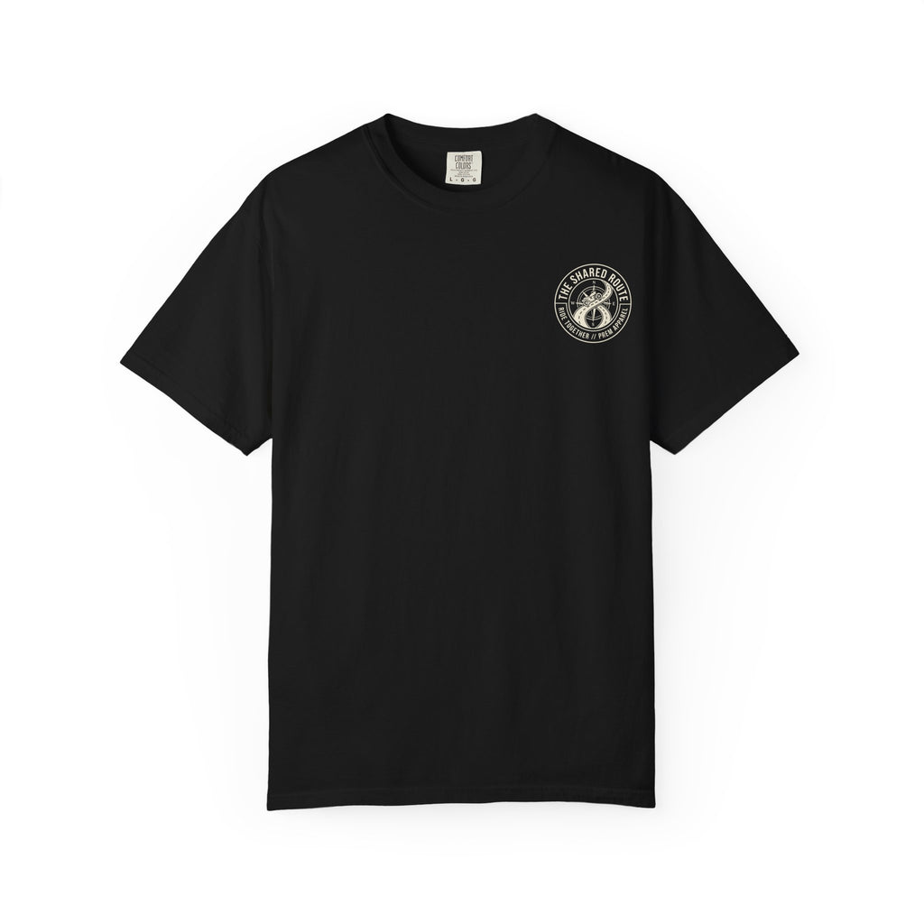 Shared Route Compass T‑Shirt — Vintage Infinity Map Graphic
