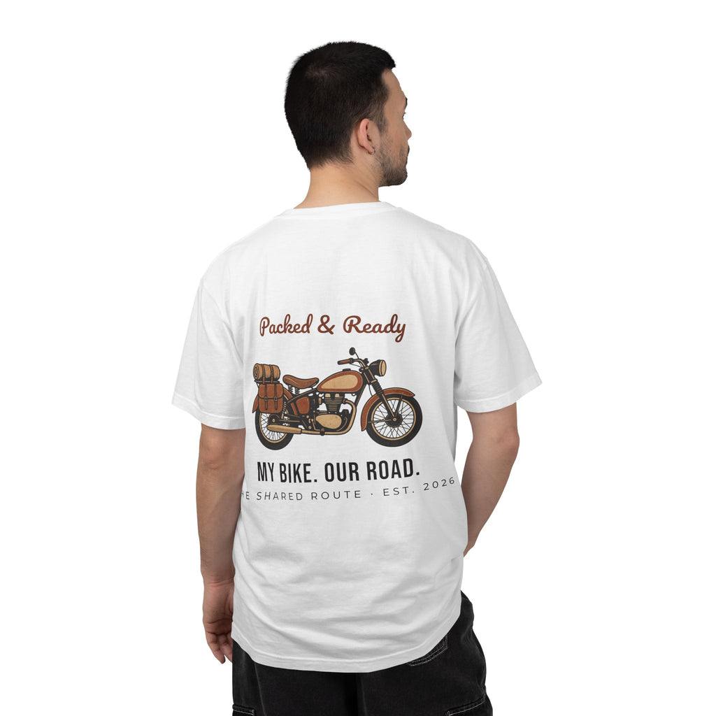 Motorcycle T-Shirt — "Packed & Ready" Vintage Bike Tee (My Bike. Our Road.)