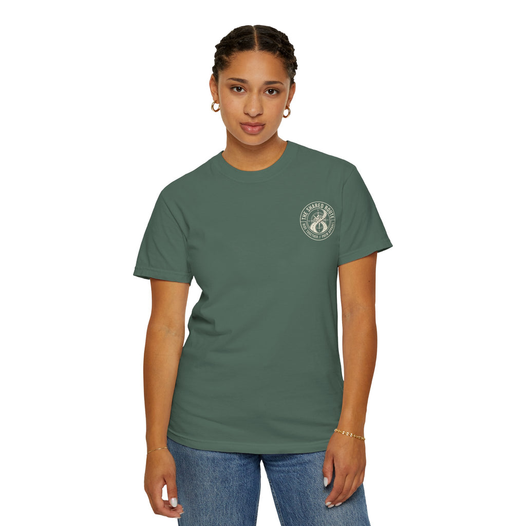 Shared Route Compass T‑Shirt — Vintage Infinity Map Graphic