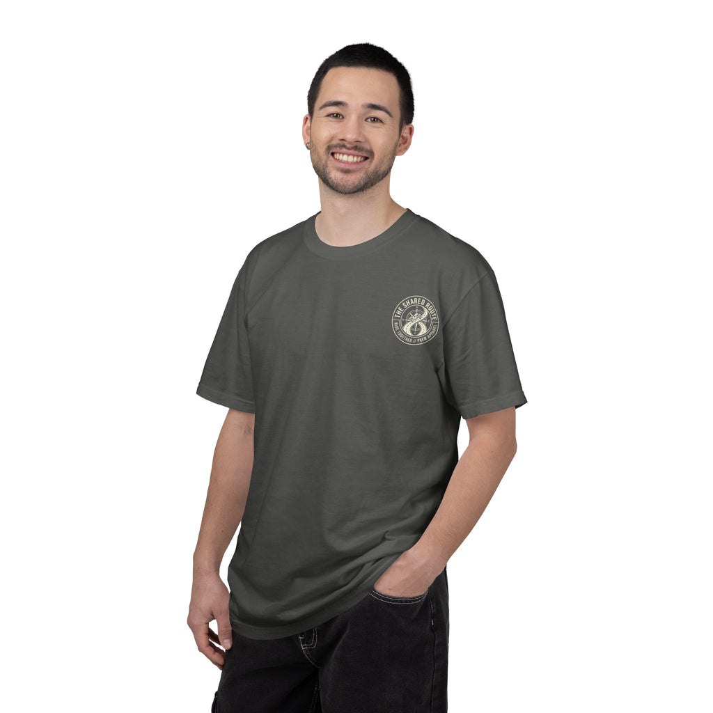 Shared Route Compass T‑Shirt — Vintage Infinity Map Graphic