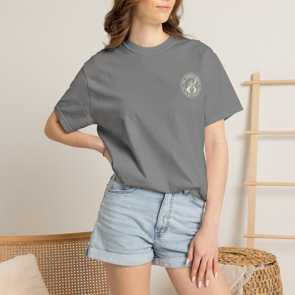 Shared Route Compass T‑Shirt — Vintage Infinity Map Graphic