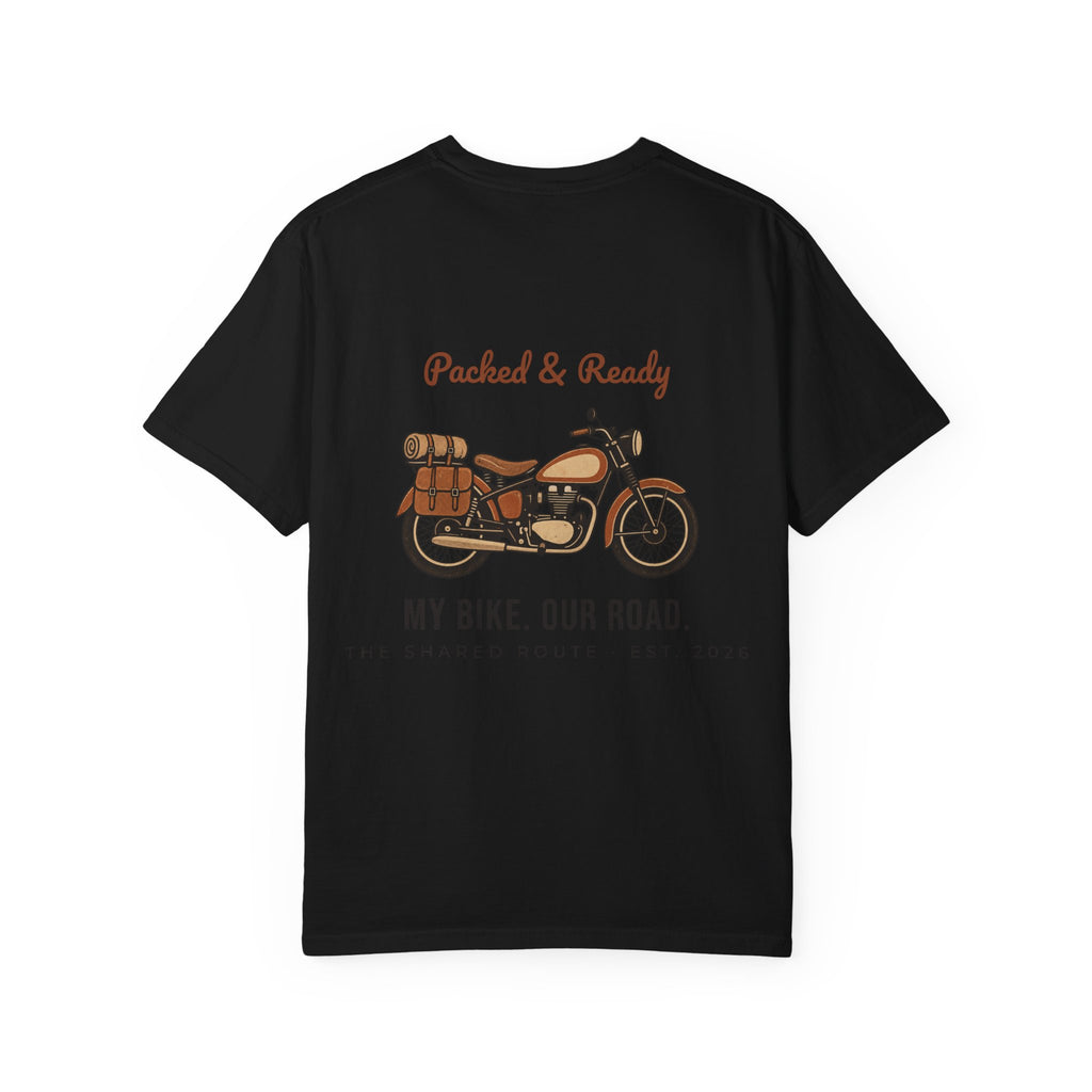 Motorcycle T-Shirt — "Packed & Ready" Vintage Bike Tee (My Bike. Our Road.)