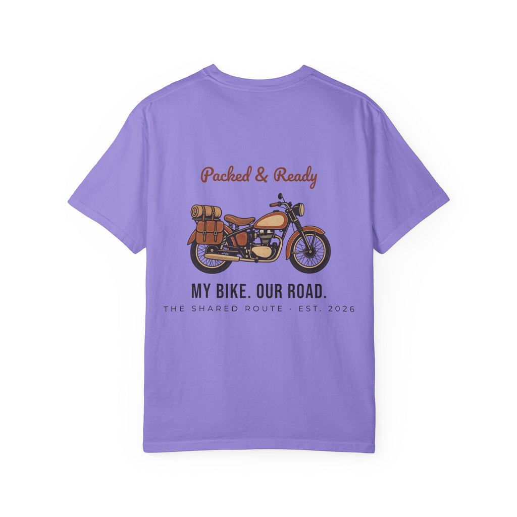 Motorcycle T-Shirt — "Packed & Ready" Vintage Bike Tee (My Bike. Our Road.)
