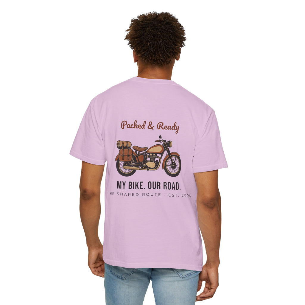 Motorcycle T-Shirt — "Packed & Ready" Vintage Bike Tee (My Bike. Our Road.)