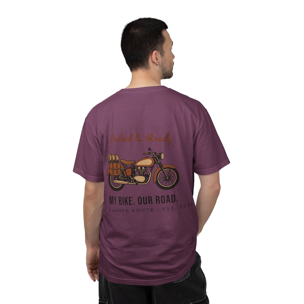 Motorcycle T-Shirt — "Packed & Ready" Vintage Bike Tee (My Bike. Our Road.)