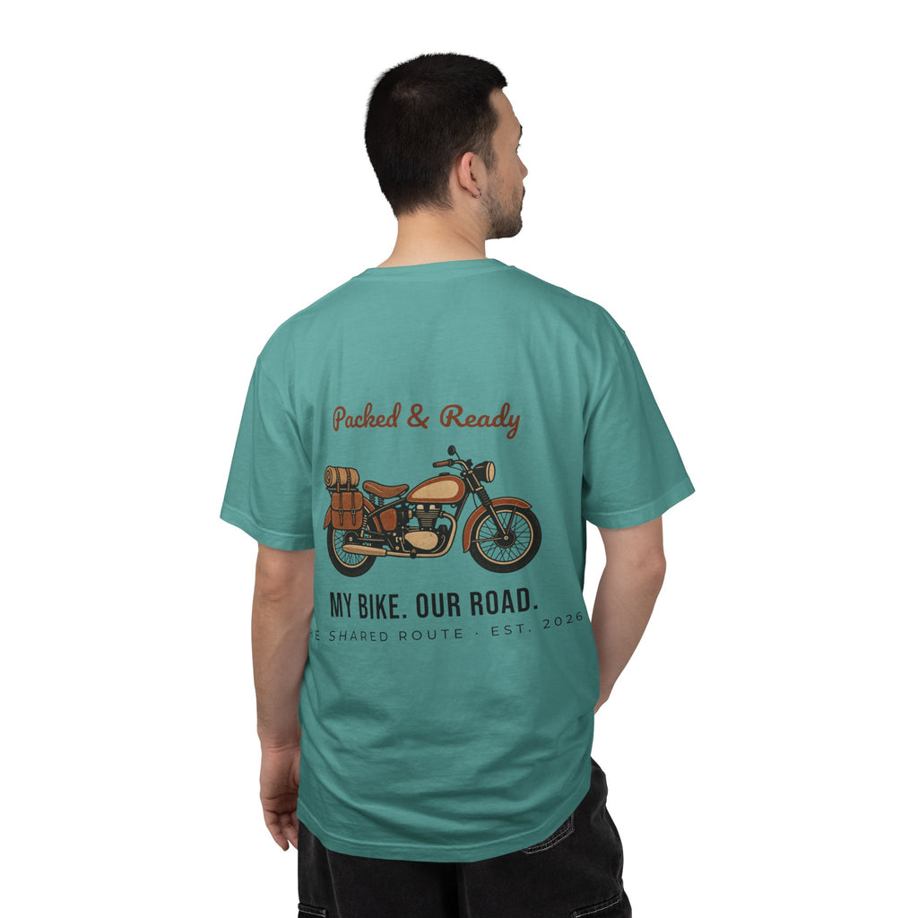 Motorcycle T-Shirt — "Packed & Ready" Vintage Bike Tee (My Bike. Our Road.)