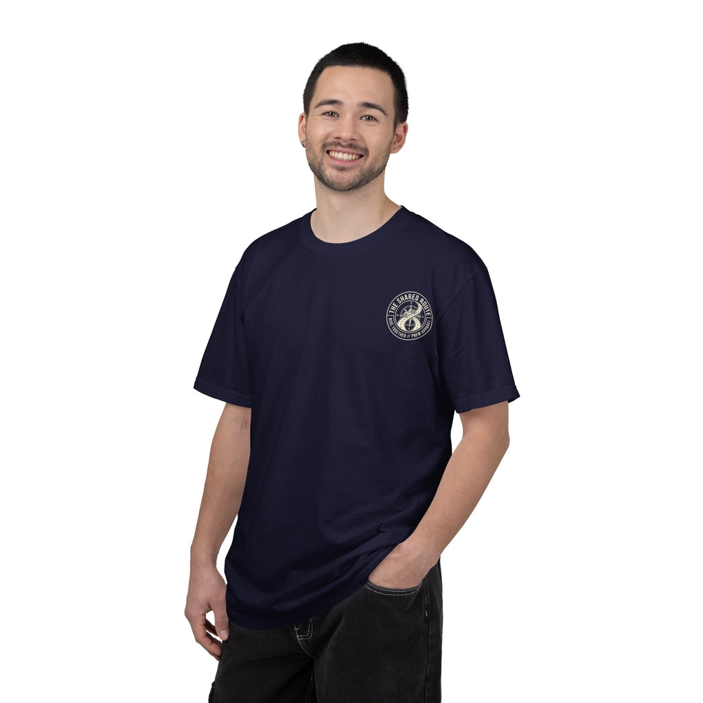 Shared Route Compass T‑Shirt — Vintage Infinity Map Graphic