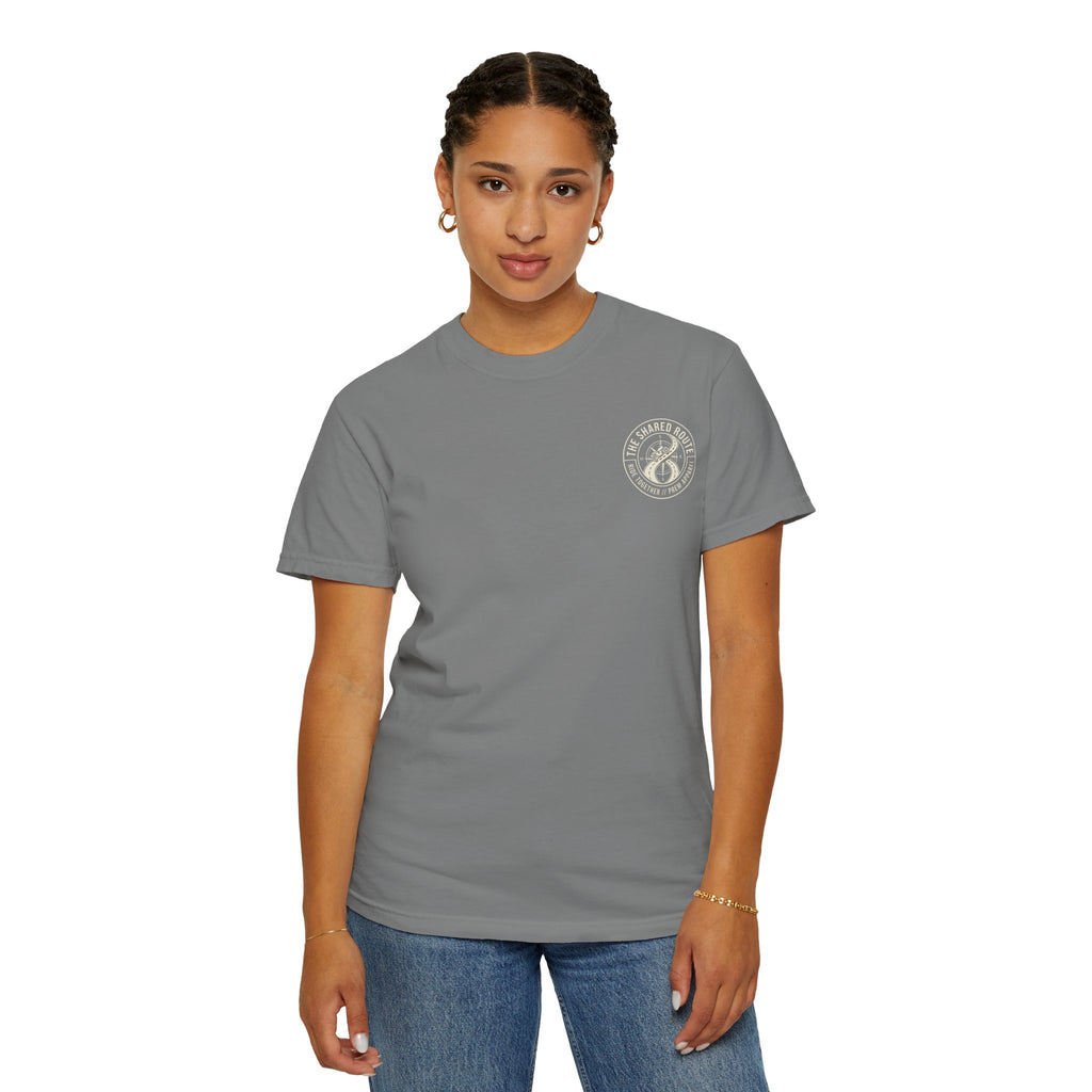 Shared Route Compass T‑Shirt — Vintage Infinity Map Graphic