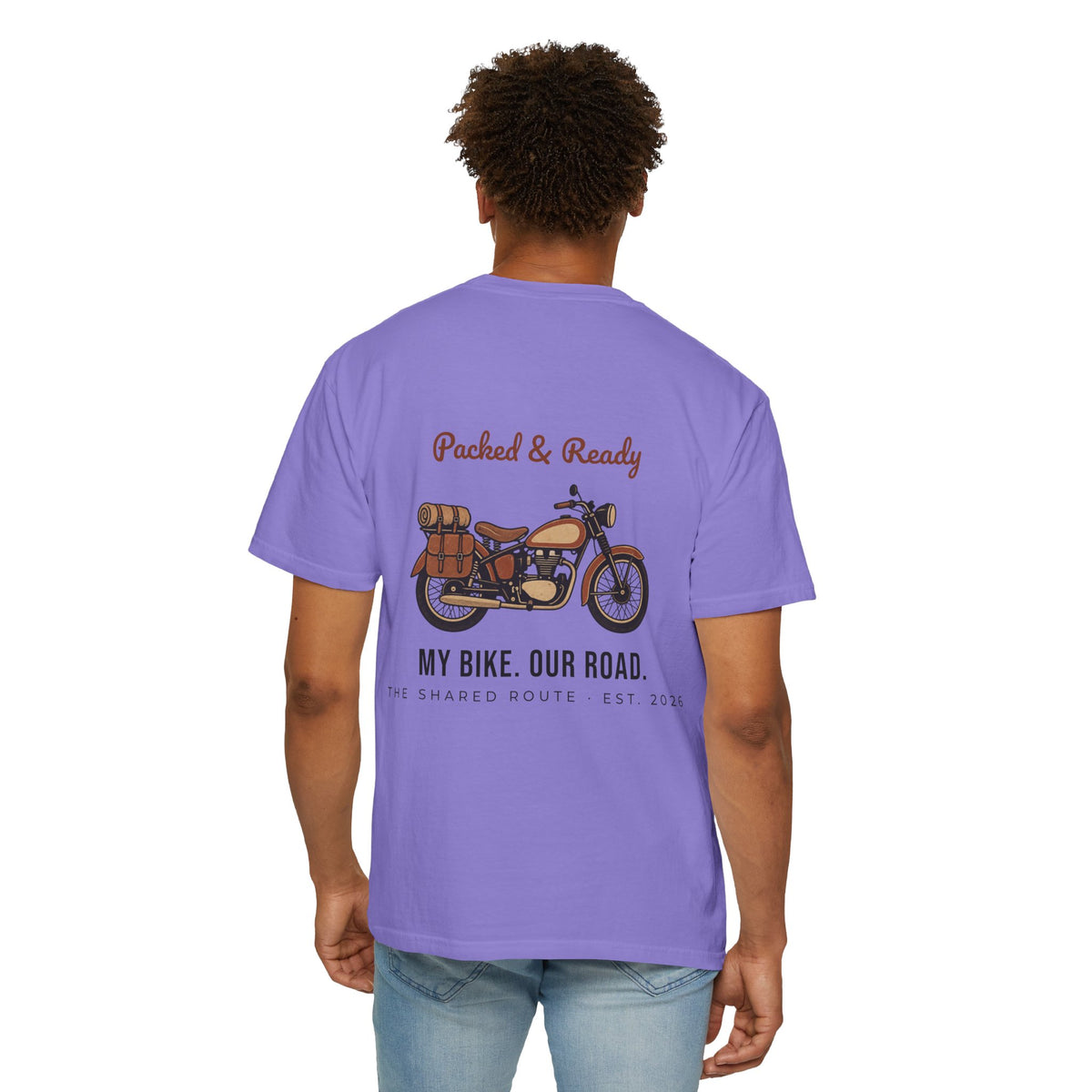 Motorcycle T-Shirt — "Packed & Ready" Vintage Bike Tee (My Bike. Our Road.)