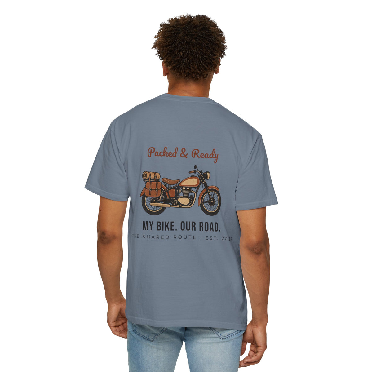 Motorcycle T-Shirt — "Packed & Ready" Vintage Bike Tee (My Bike. Our Road.)