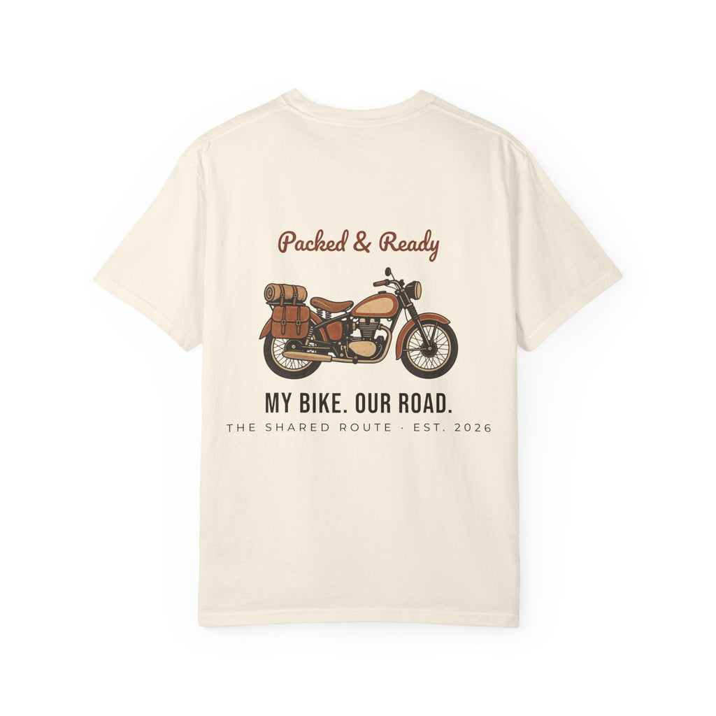 Motorcycle T-Shirt — "Packed & Ready" Vintage Bike Tee (My Bike. Our Road.)