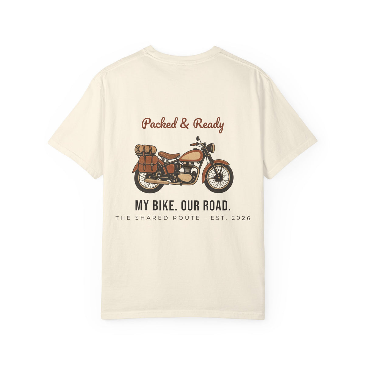 Motorcycle T-Shirt — "Packed & Ready" Vintage Bike Tee (My Bike. Our Road.)