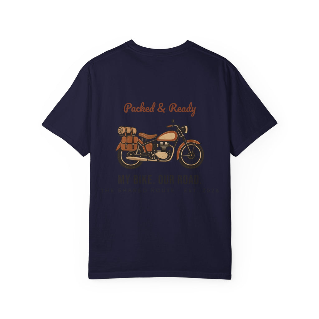 Motorcycle T-Shirt — "Packed & Ready" Vintage Bike Tee (My Bike. Our Road.)