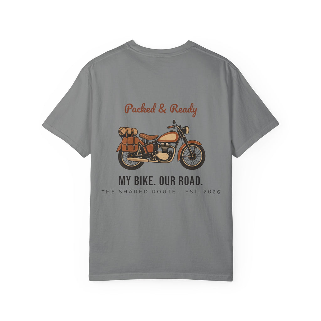 Motorcycle T-Shirt — "Packed & Ready" Vintage Bike Tee (My Bike. Our Road.)