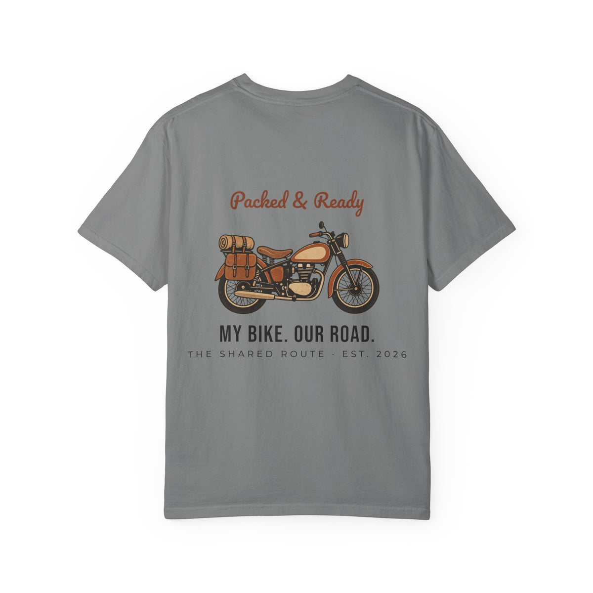 Motorcycle T-Shirt — "Packed & Ready" Vintage Bike Tee (My Bike. Our Road.)