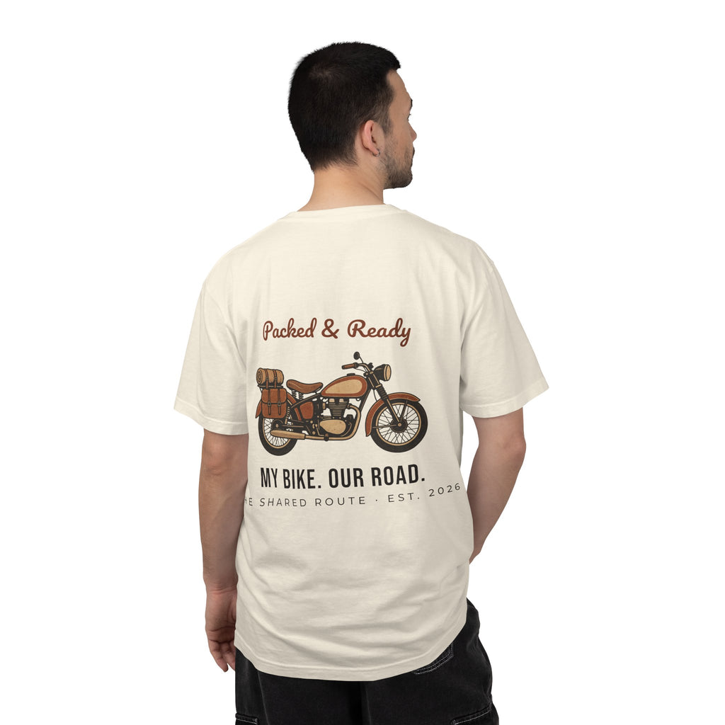Motorcycle T-Shirt — "Packed & Ready" Vintage Bike Tee (My Bike. Our Road.)