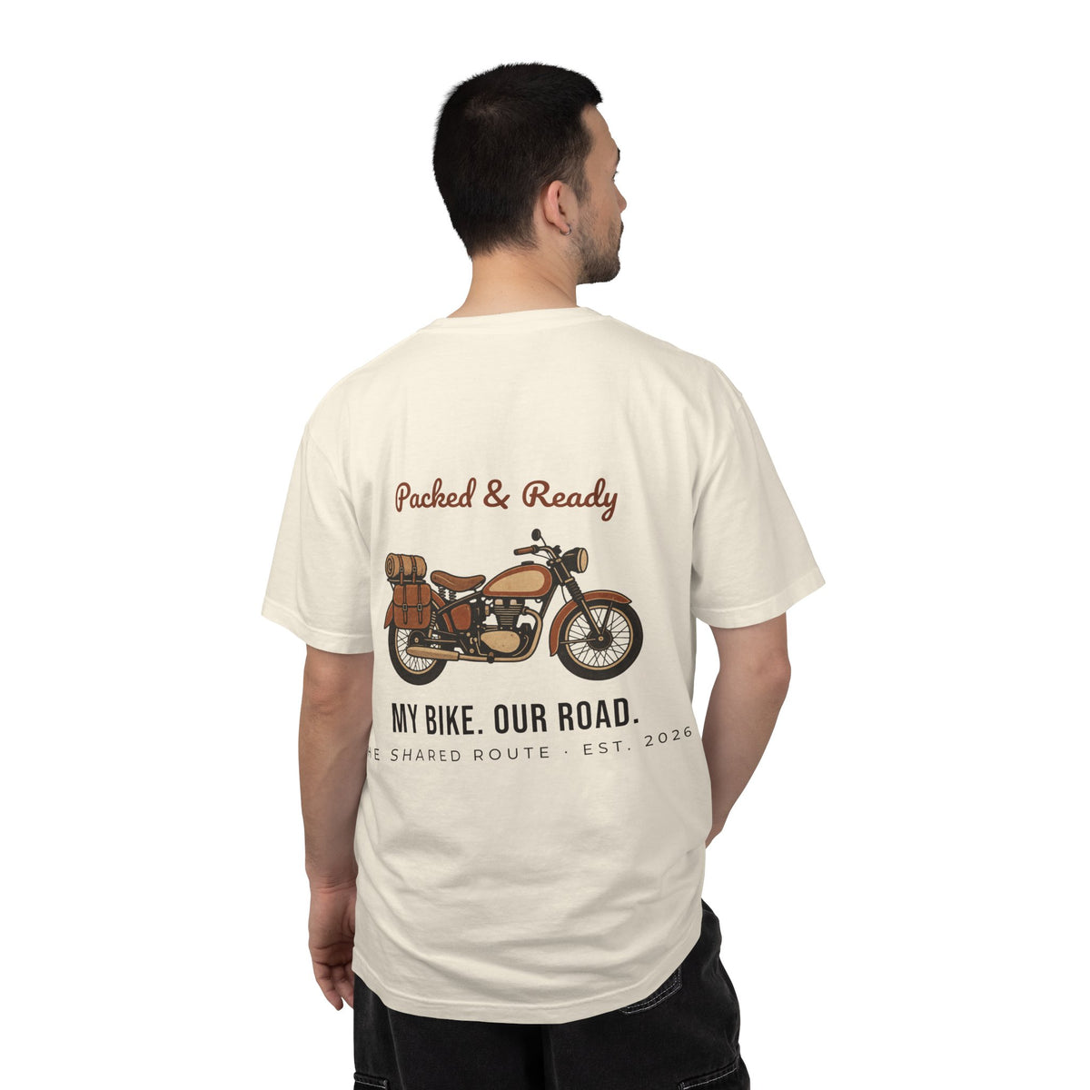 Motorcycle T-Shirt — "Packed & Ready" Vintage Bike Tee (My Bike. Our Road.)
