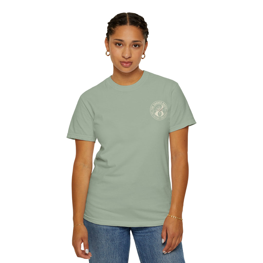 Shared Route Compass T‑Shirt — Vintage Infinity Map Graphic