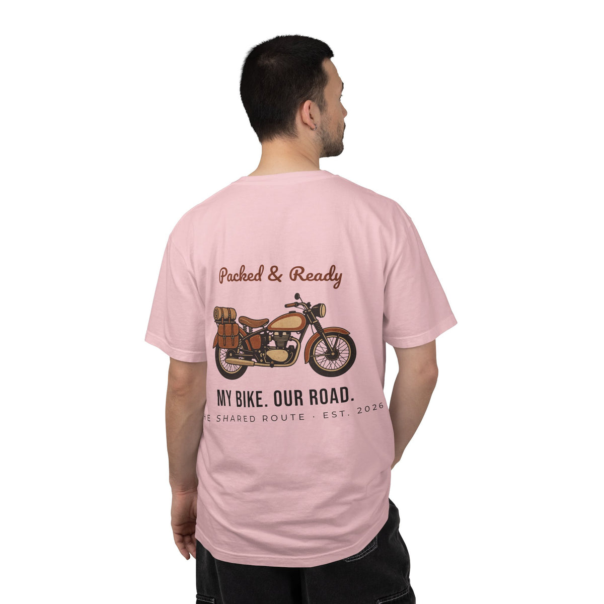 Motorcycle T-Shirt — "Packed & Ready" Vintage Bike Tee (My Bike. Our Road.)