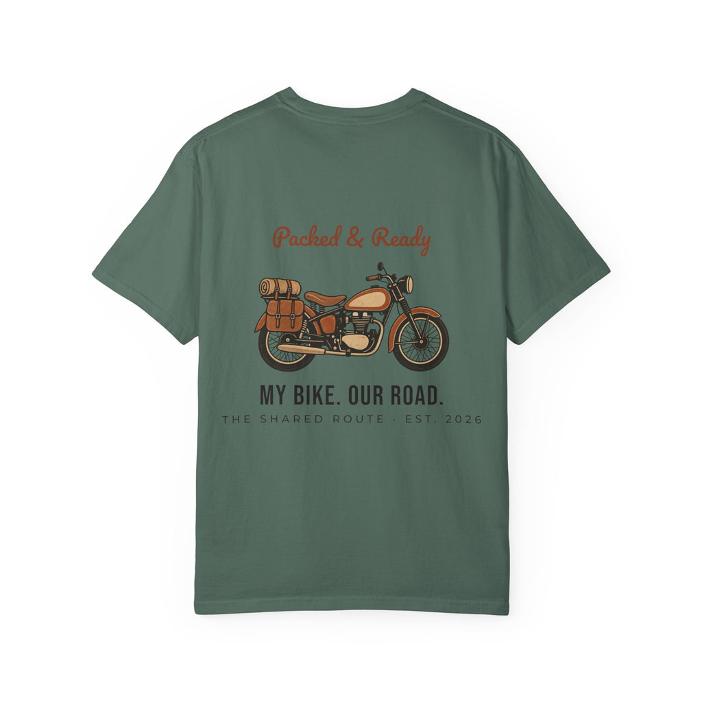 Motorcycle T-Shirt — "Packed & Ready" Vintage Bike Tee (My Bike. Our Road.)