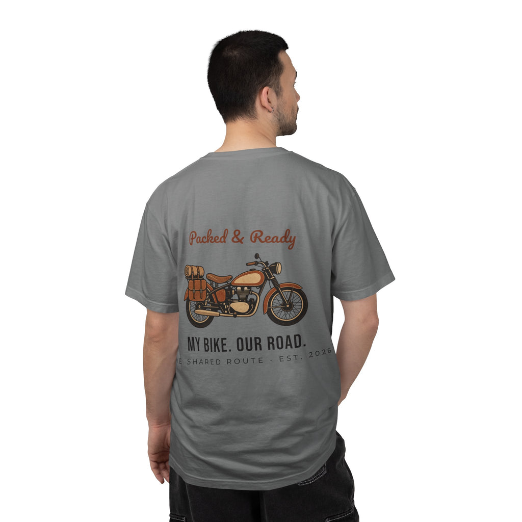Motorcycle T-Shirt — "Packed & Ready" Vintage Bike Tee (My Bike. Our Road.)