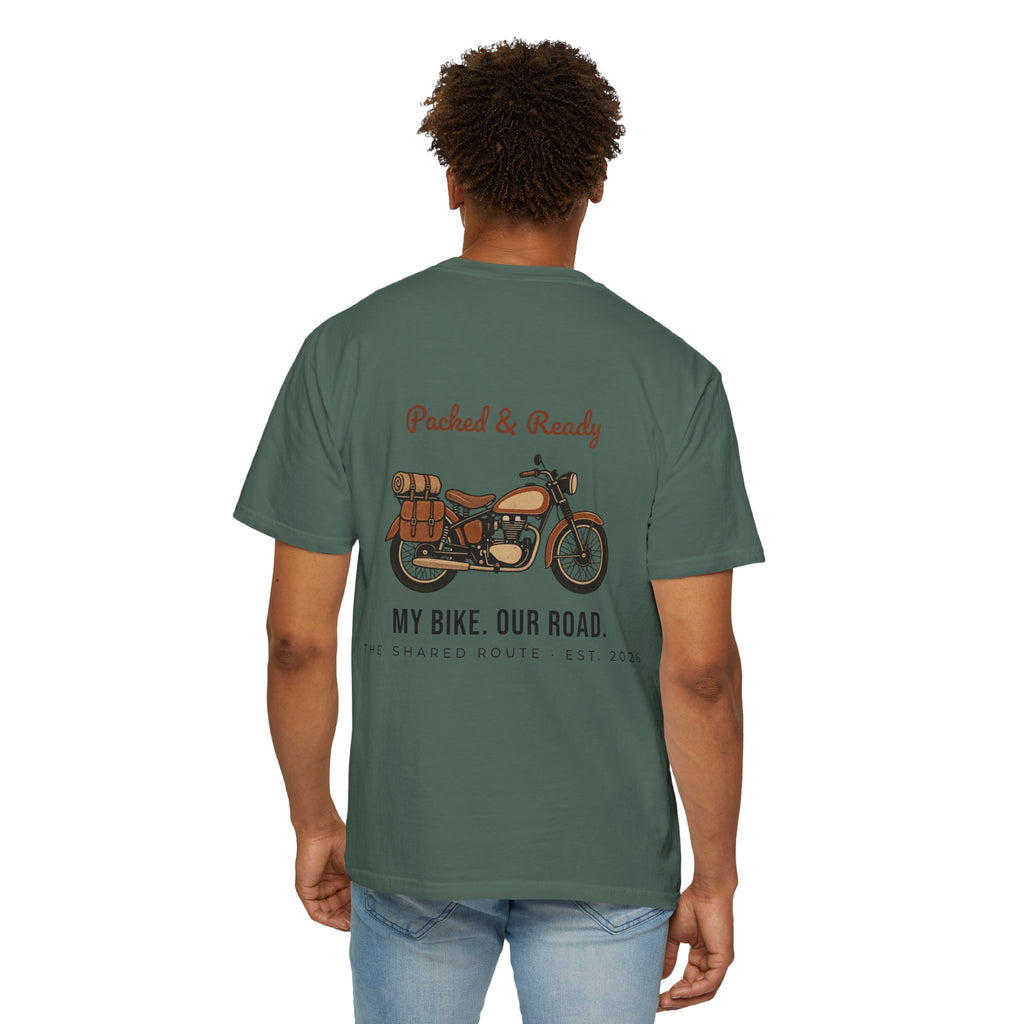 Motorcycle T-Shirt — "Packed & Ready" Vintage Bike Tee (My Bike. Our Road.)