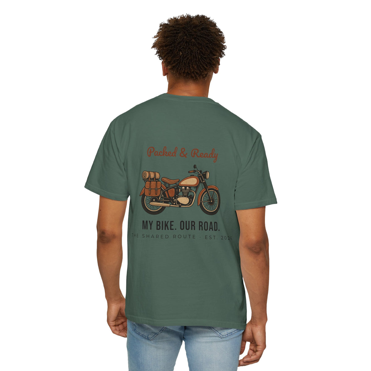 Motorcycle T-Shirt — "Packed & Ready" Vintage Bike Tee (My Bike. Our Road.)