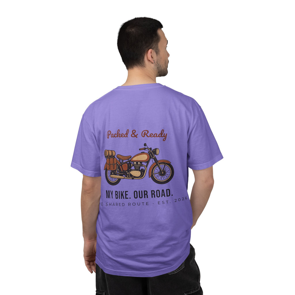 Motorcycle T-Shirt — "Packed & Ready" Vintage Bike Tee (My Bike. Our Road.)