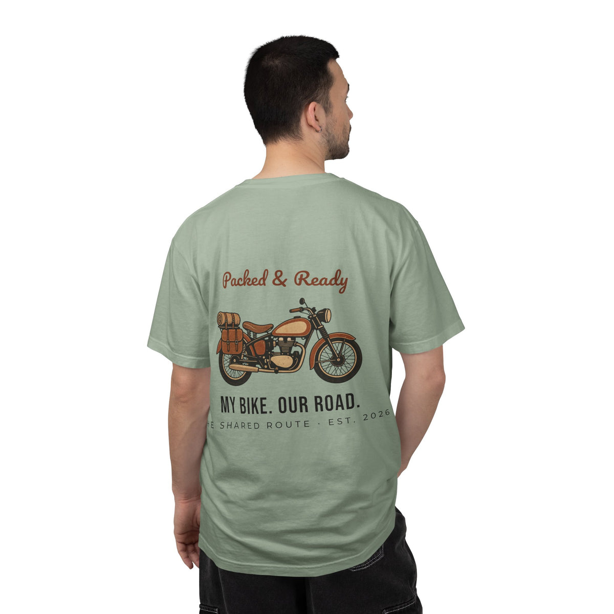Motorcycle T-Shirt — "Packed & Ready" Vintage Bike Tee (My Bike. Our Road.)