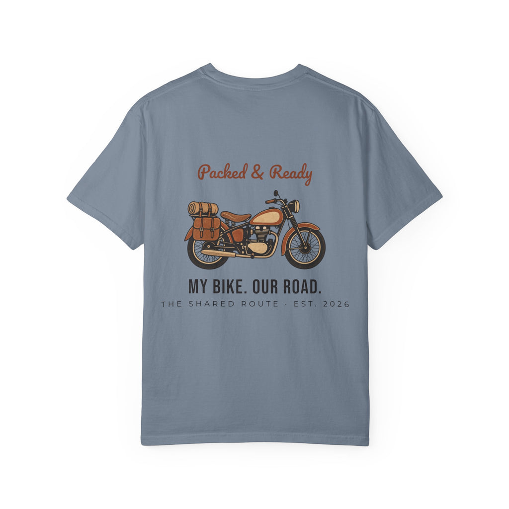 Motorcycle T-Shirt — "Packed & Ready" Vintage Bike Tee (My Bike. Our Road.)