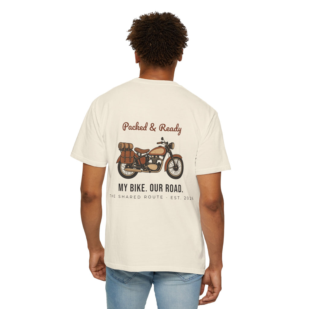 Motorcycle T-Shirt — "Packed & Ready" Vintage Bike Tee (My Bike. Our Road.)