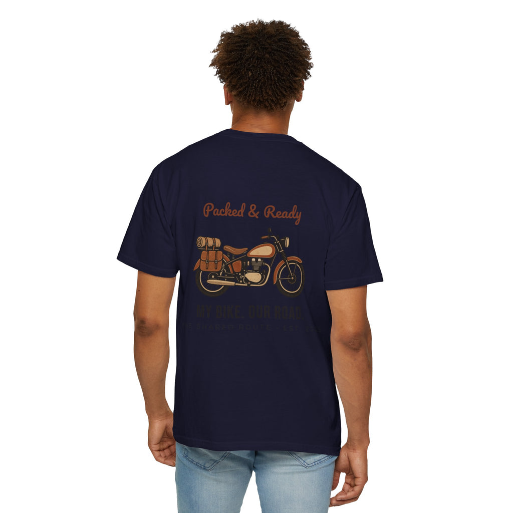 Motorcycle T-Shirt — "Packed & Ready" Vintage Bike Tee (My Bike. Our Road.)