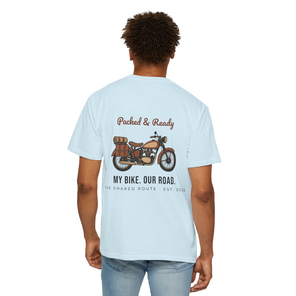 Motorcycle T-Shirt — "Packed & Ready" Vintage Bike Tee (My Bike. Our Road.)