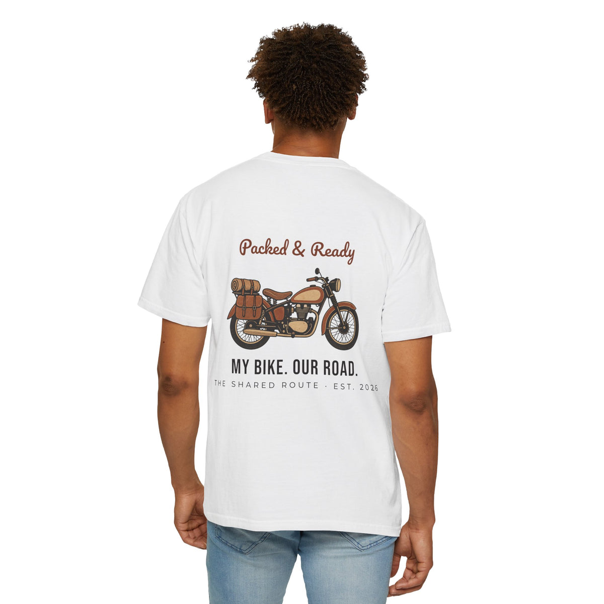 Motorcycle T-Shirt — "Packed & Ready" Vintage Bike Tee (My Bike. Our Road.)