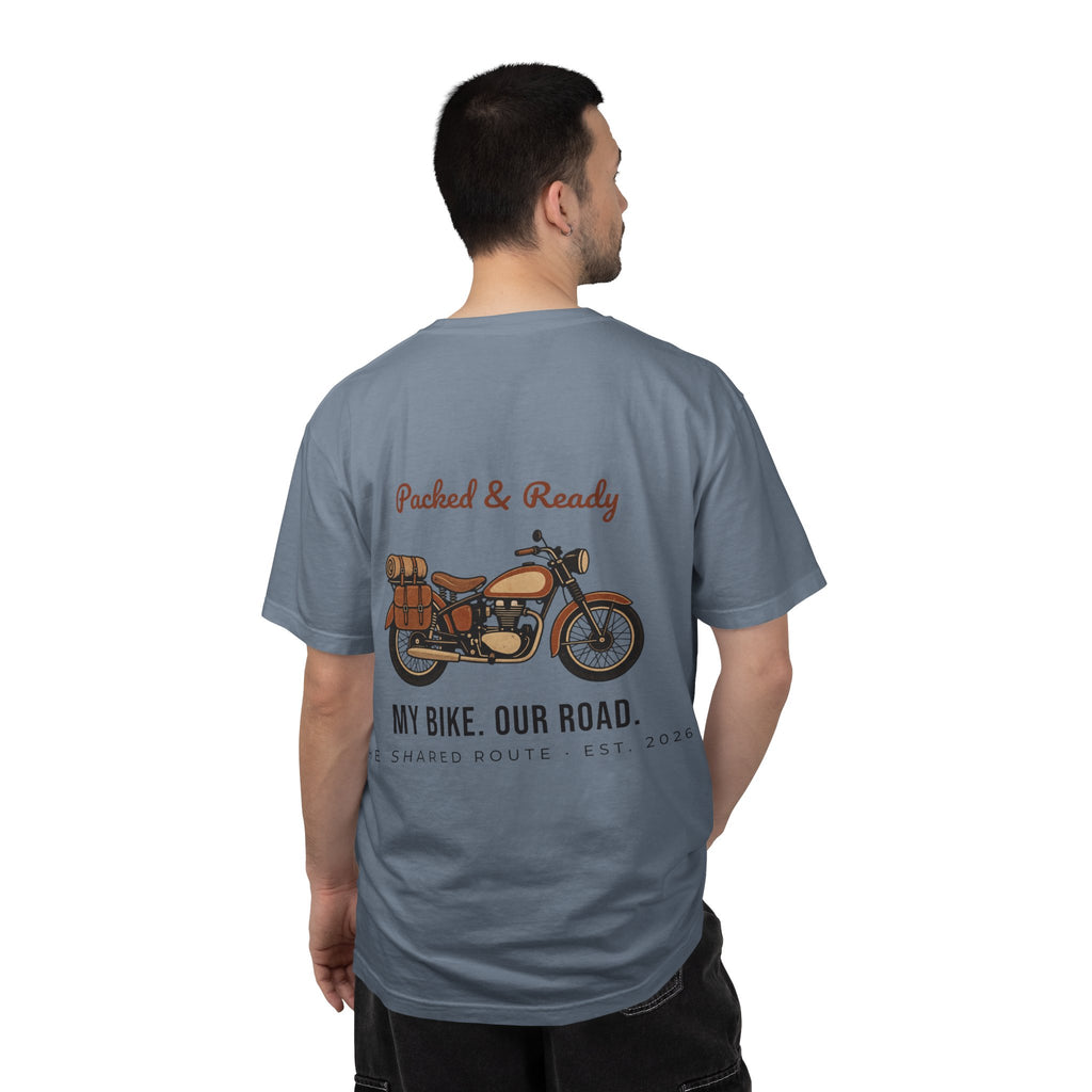 Motorcycle T-Shirt — "Packed & Ready" Vintage Bike Tee (My Bike. Our Road.)
