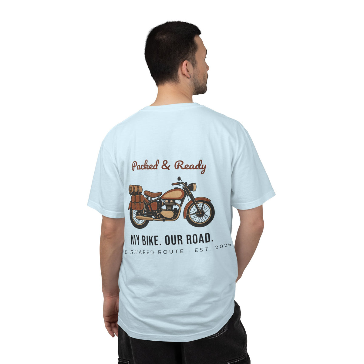 Motorcycle T-Shirt — "Packed & Ready" Vintage Bike Tee (My Bike. Our Road.)