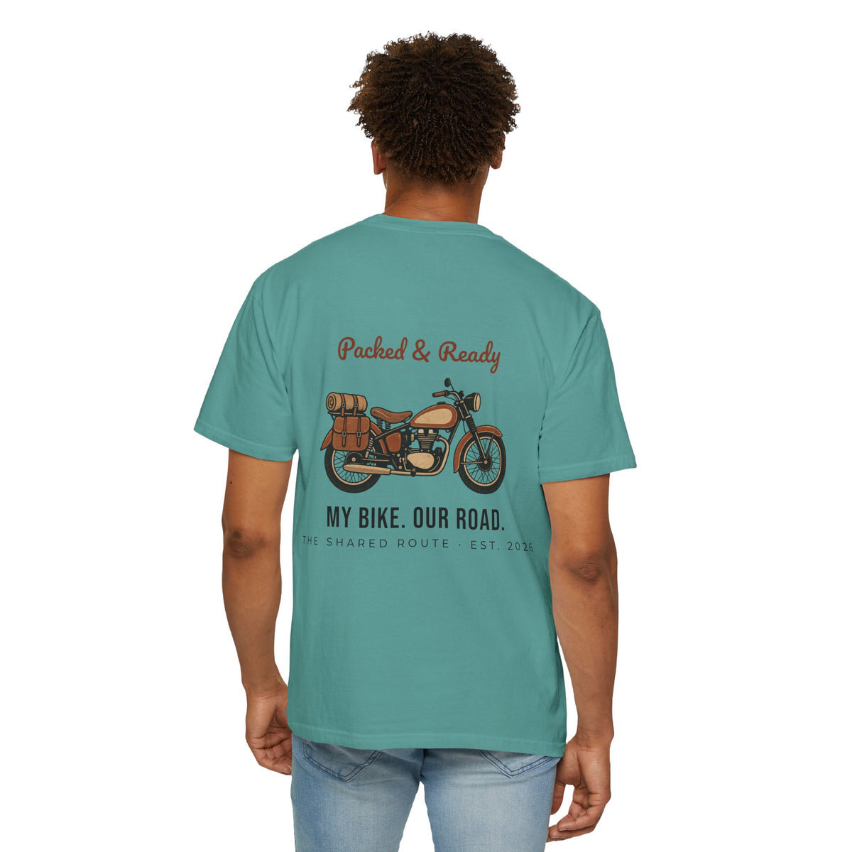 Motorcycle T-Shirt — "Packed & Ready" Vintage Bike Tee (My Bike. Our Road.)