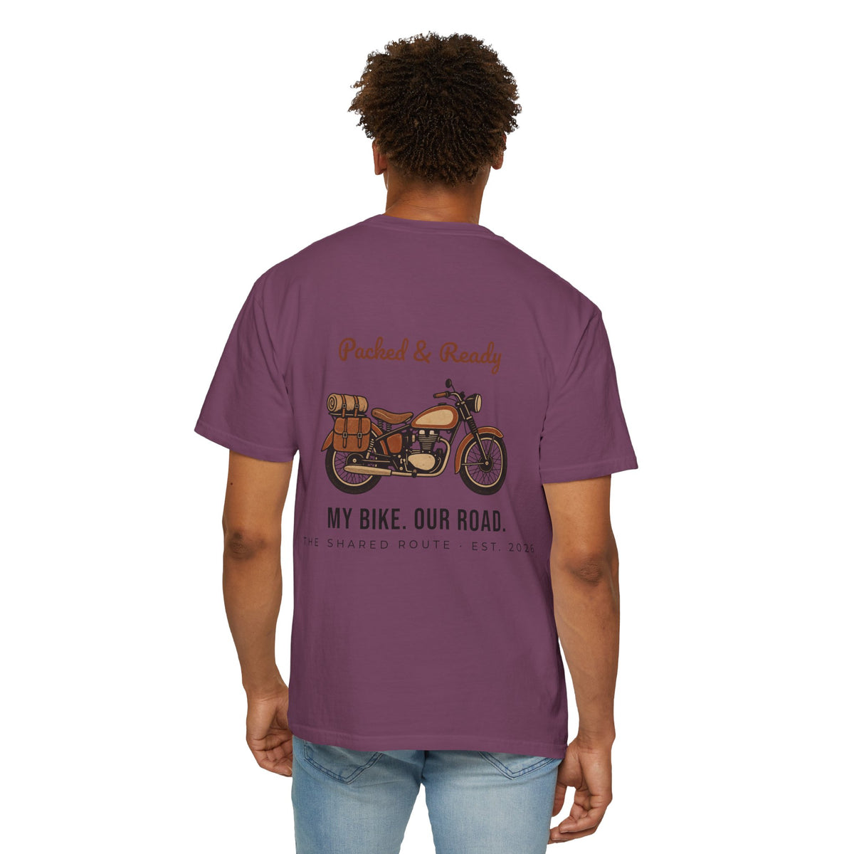 Motorcycle T-Shirt — "Packed & Ready" Vintage Bike Tee (My Bike. Our Road.)