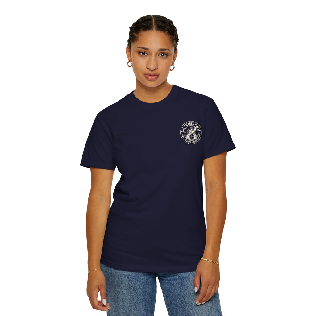 Shared Route Compass T‑Shirt — Vintage Infinity Map Graphic