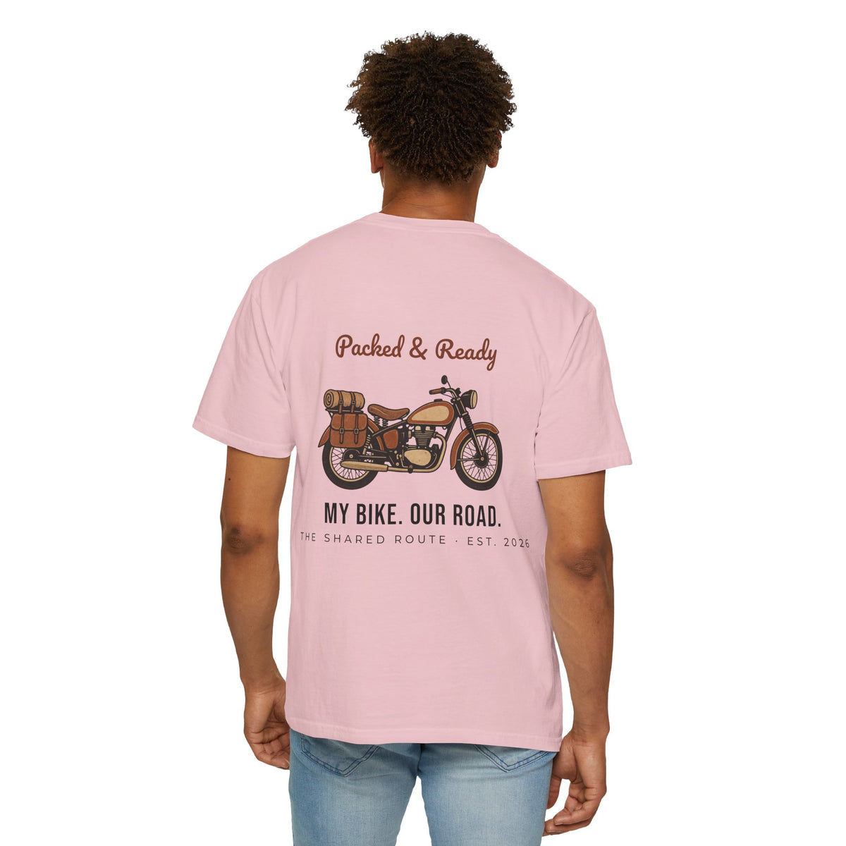 Motorcycle T-Shirt — "Packed & Ready" Vintage Bike Tee (My Bike. Our Road.)
