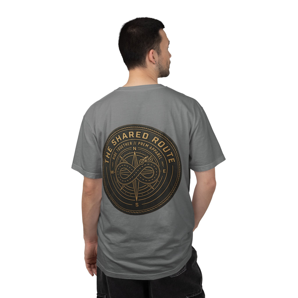 Shared Route Compass T‑Shirt — Vintage Infinity Map Graphic