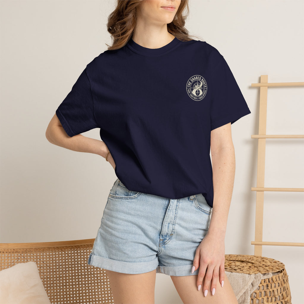 Shared Route Compass T‑Shirt — Vintage Infinity Map Graphic