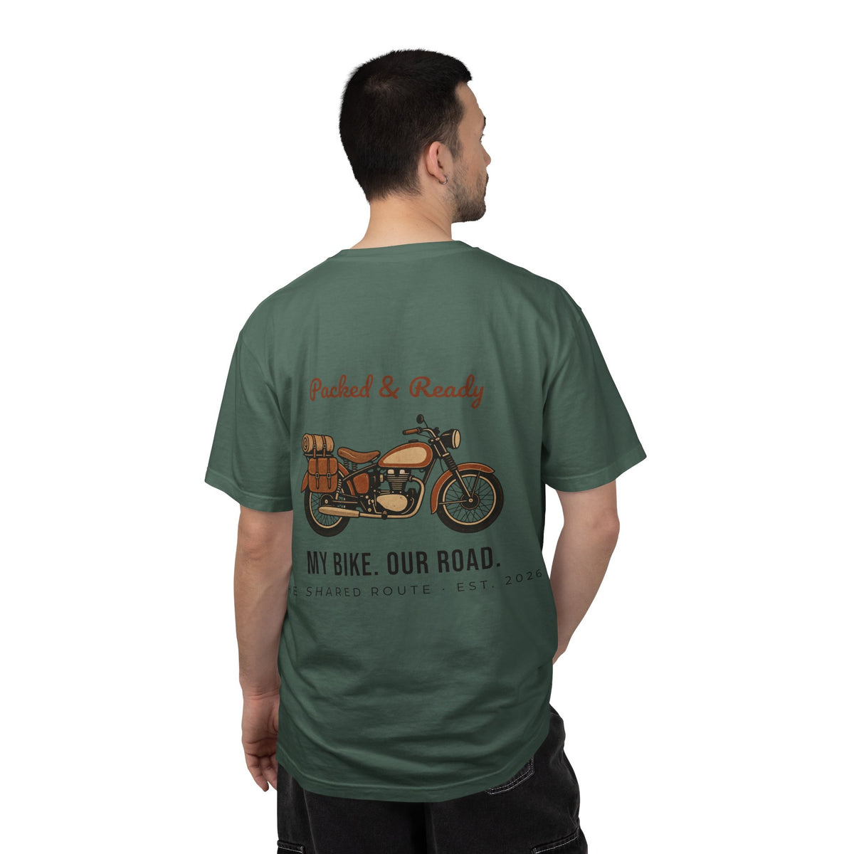 Motorcycle T-Shirt — "Packed & Ready" Vintage Bike Tee (My Bike. Our Road.)