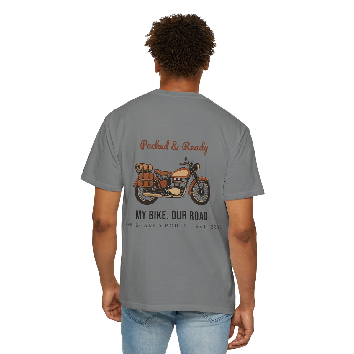 Motorcycle T-Shirt — "Packed & Ready" Vintage Bike Tee (My Bike. Our Road.)
