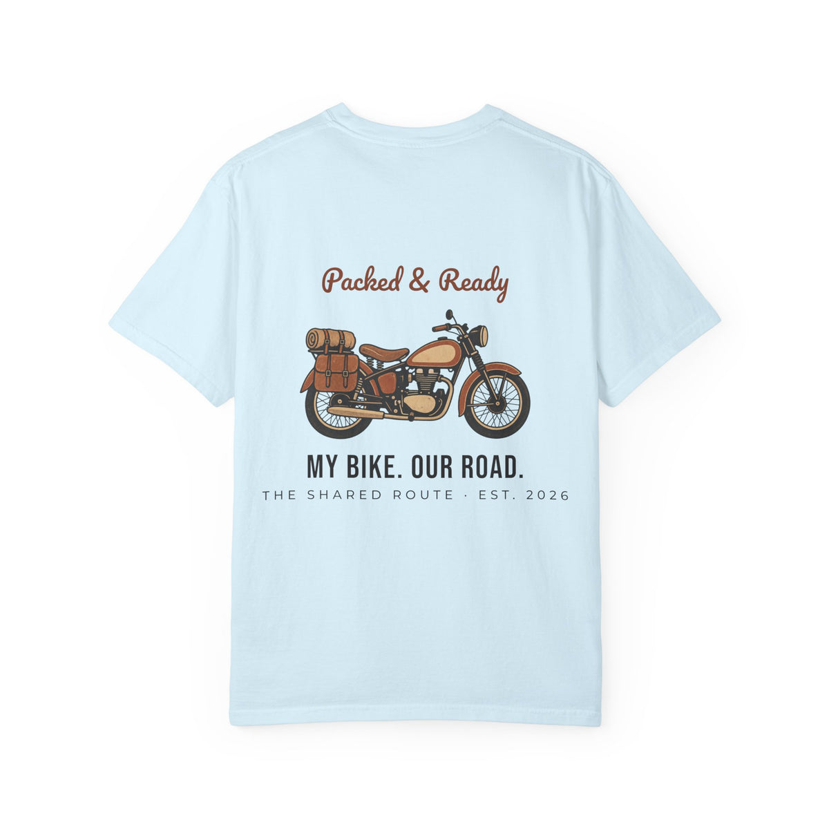 Motorcycle T-Shirt — "Packed & Ready" Vintage Bike Tee (My Bike. Our Road.)