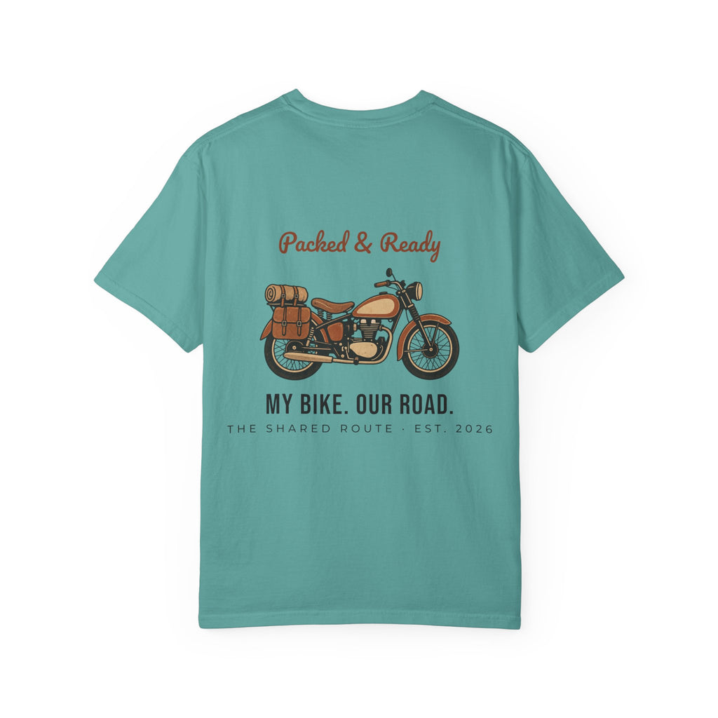 Motorcycle T-Shirt — "Packed & Ready" Vintage Bike Tee (My Bike. Our Road.)